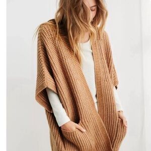 Aerie Knit Poncho Cardigan Tan XS/S Cozy Oversized Sweater Lounge Fall Layering